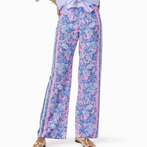 NWT Lilly Pulitzer Bal Harbour Palazzo Pant Soleil Pink Palm Paradise Engineered - Picture 1 of 2